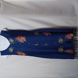 VLVWATV Blue Tropical Dress With Fish and Fringes. Size XL
